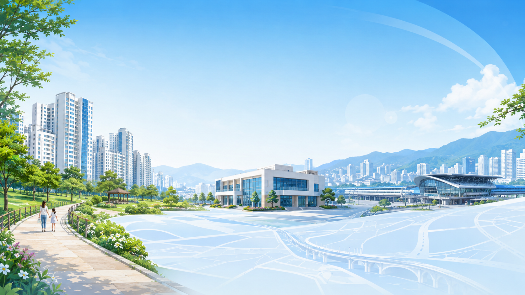 명곡·봉림 생활권을 상징하는 밝은 도시 일러스트